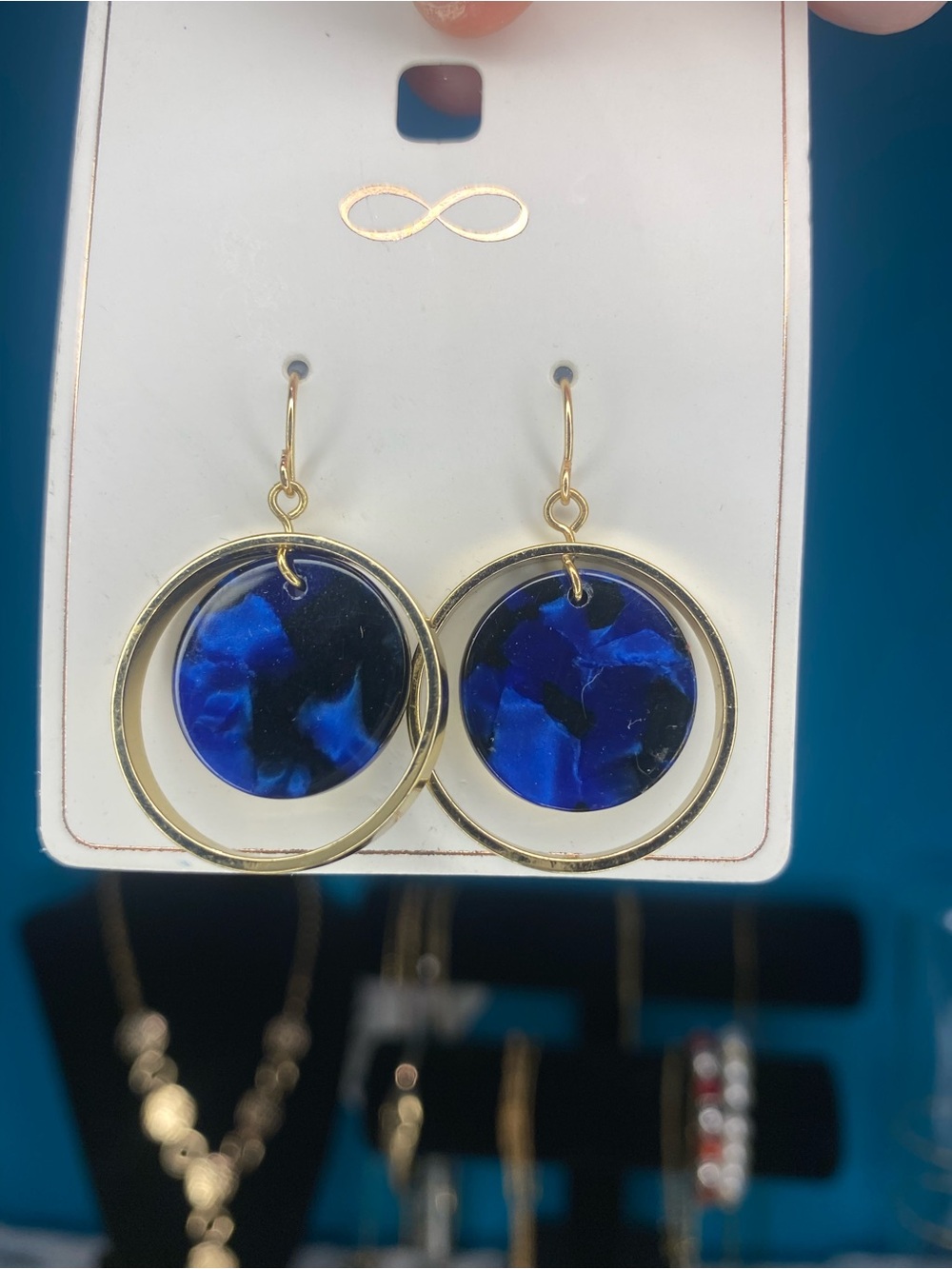 Gold Hoop Earrings with Deep Blue Resin Discs